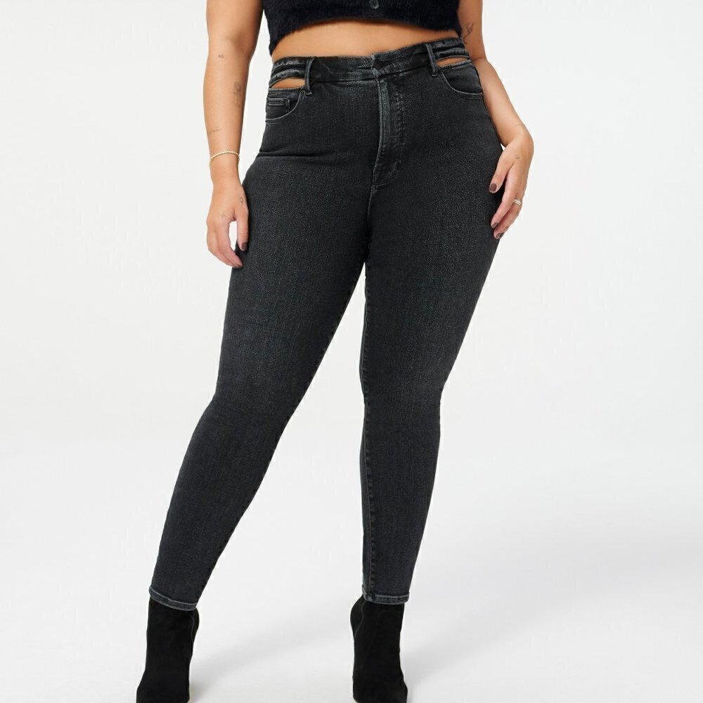 Good American Legs Slit Waistband black denim skinny jeans high rise new 26W